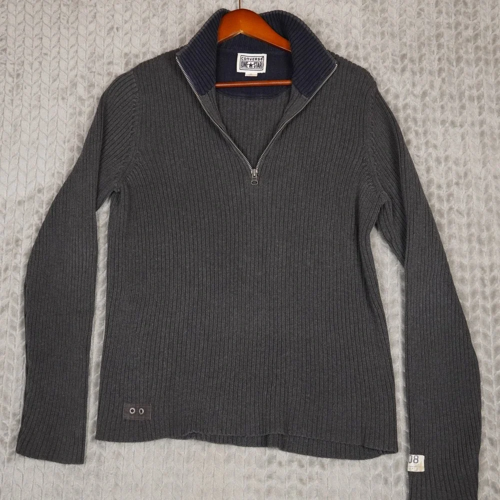 Converse One Star Sweater Mens M Grey Ribbed Quarter Zip Cotton Knit Pullover